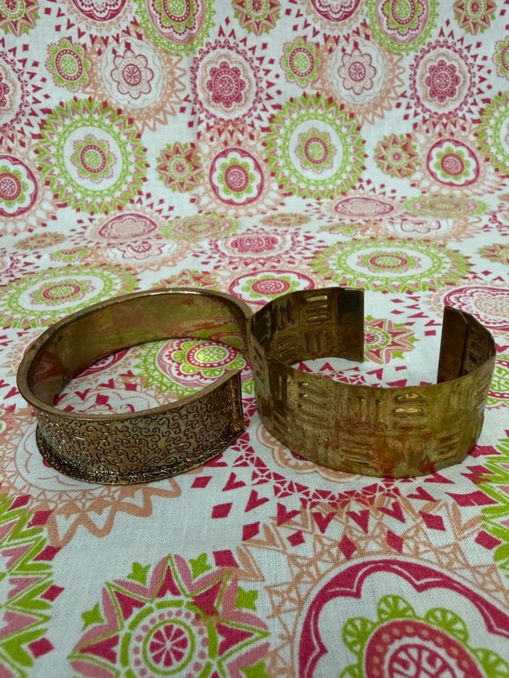 Set of two Vintage Brass & Copper Etched Cuff Bracelets